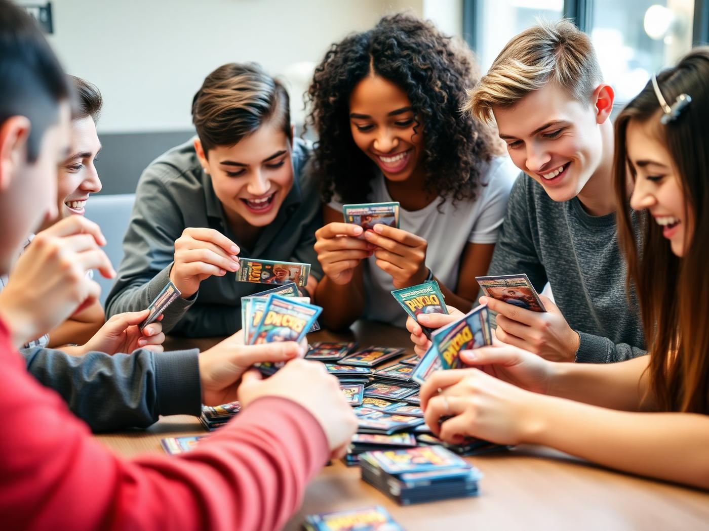 Collectors excitedly opening trading card game booster packs together